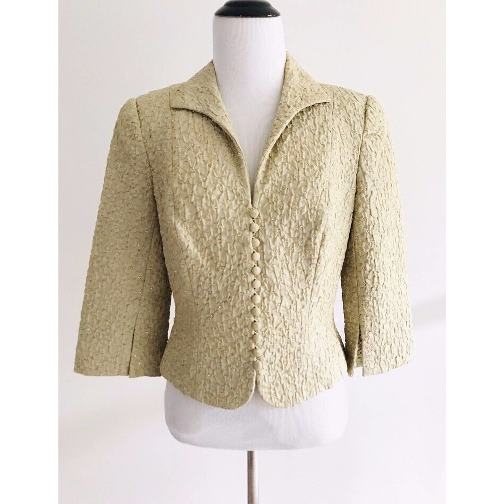 Carmen Marc Valvo | Crinkle Button Front Blazer 4 Brown 3/4 Sleeves Cotton Silk